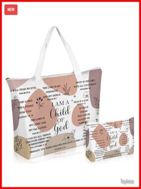 Christian Canvas Tote Bag Set with Makeup Bag Bible Verse
